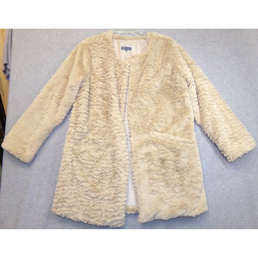 Democracy Open Front Faux Fur Coat Womens Pebble Tan Size M Soft Teddy‎ Pockets